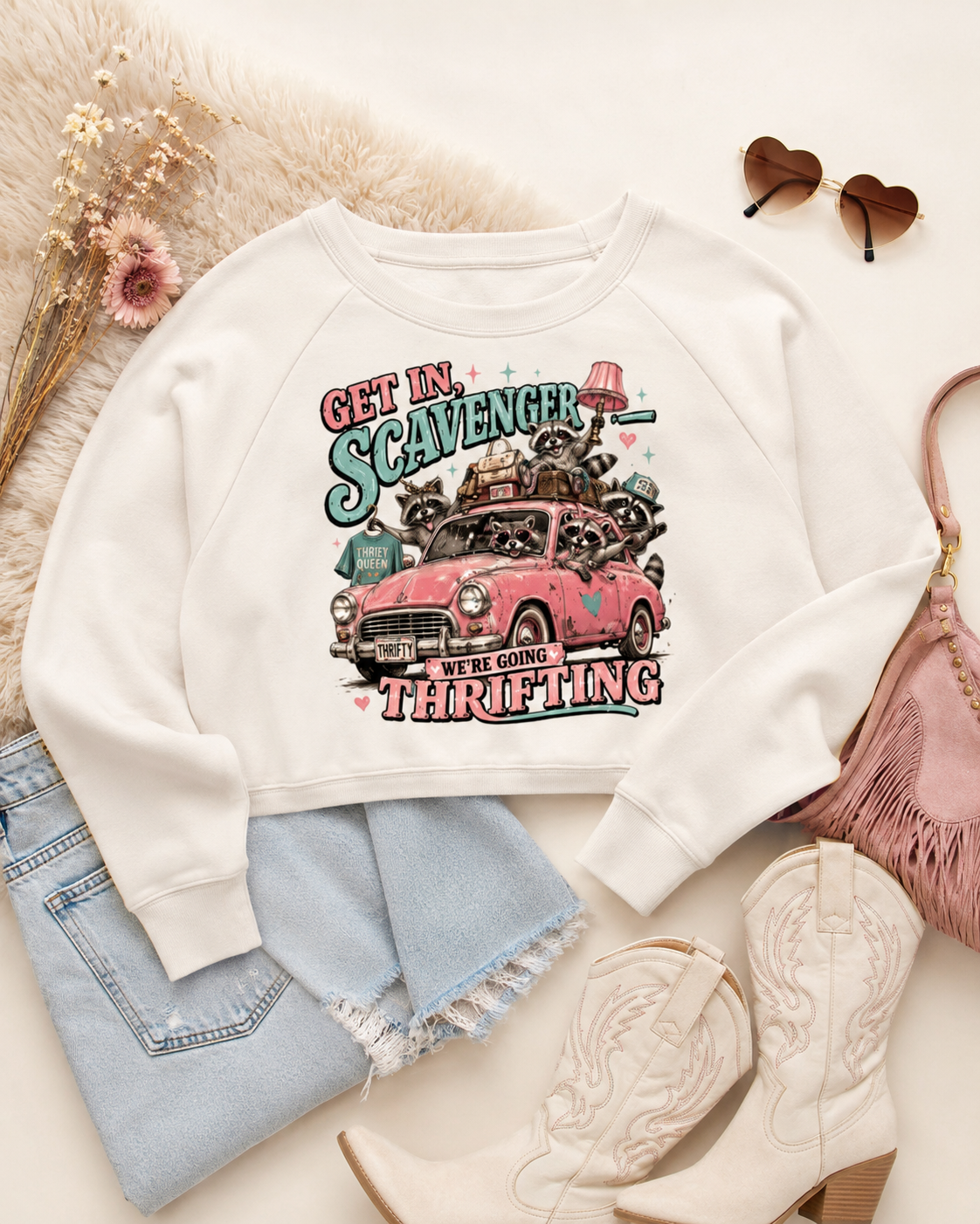 Get In, Scavenger - We're Going Thrifting Raccoon Graphic Cropped Sweatshirt