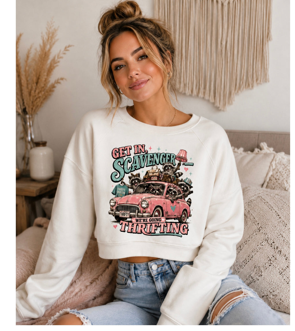 Get In, Scavenger - We're Going Thrifting Raccoon Graphic Cropped Sweatshirt