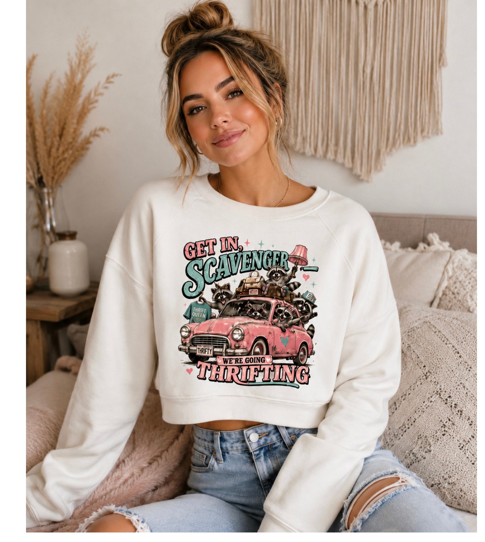 Get In, Scavenger - We're Going Thrifting Raccoon Graphic Cropped Sweatshirt